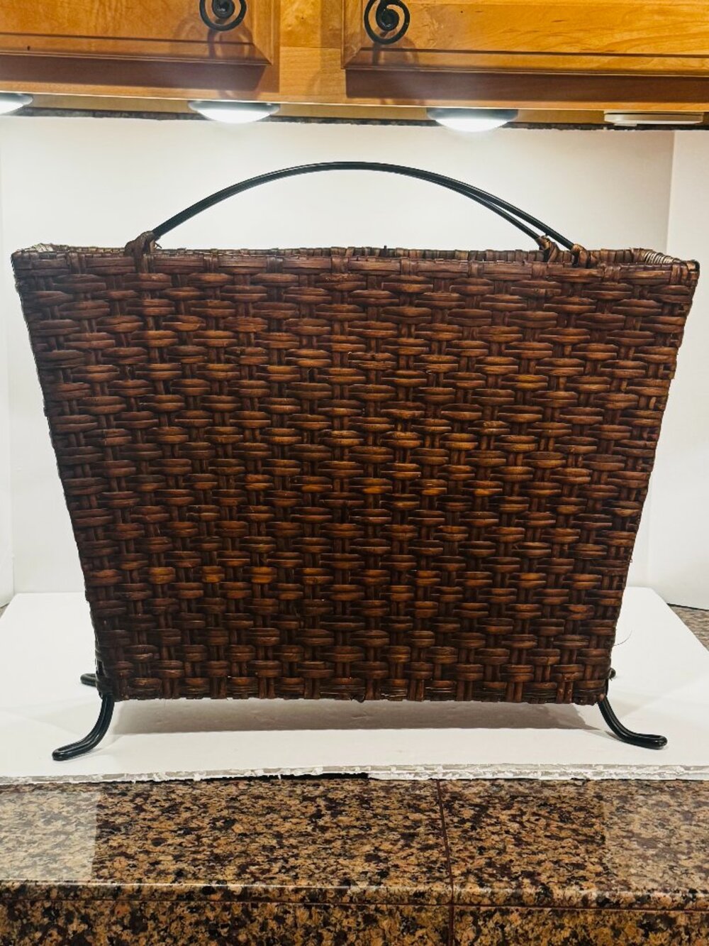 Vtg MCM Magazine Rack Dark Brown Woven Wicker Footed Black Wrought Iron Records